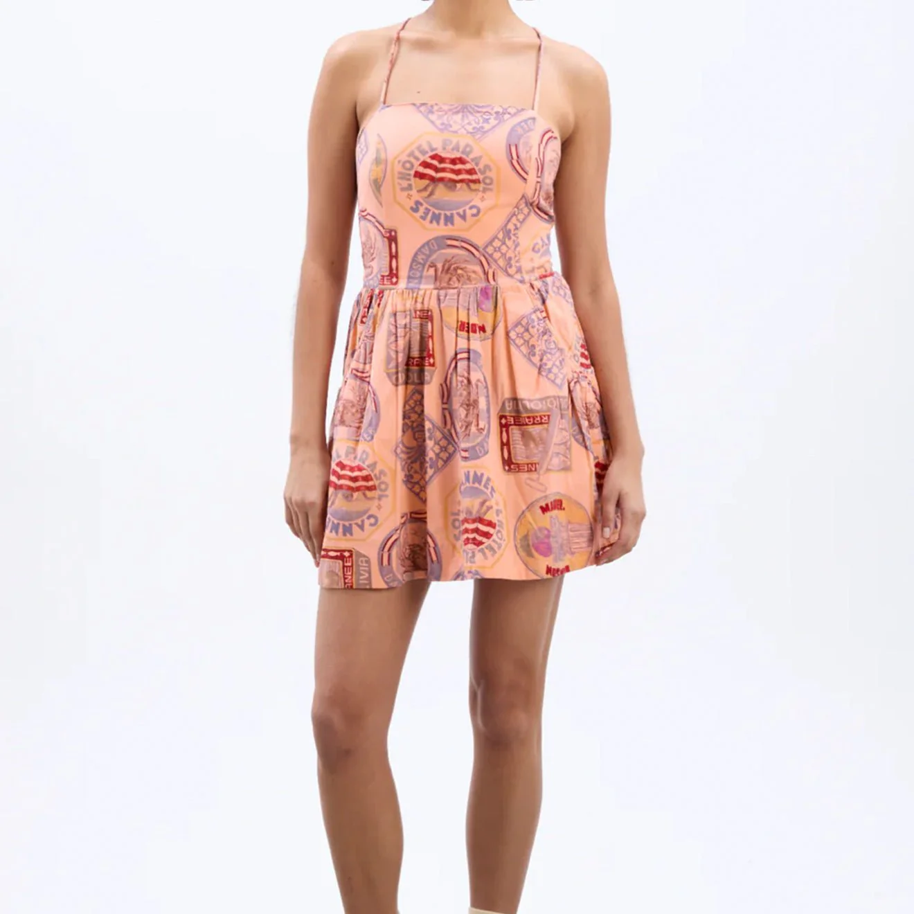 Damson Madder Peaches Mini Apron Dress Papaya Holiday Print - Image 3