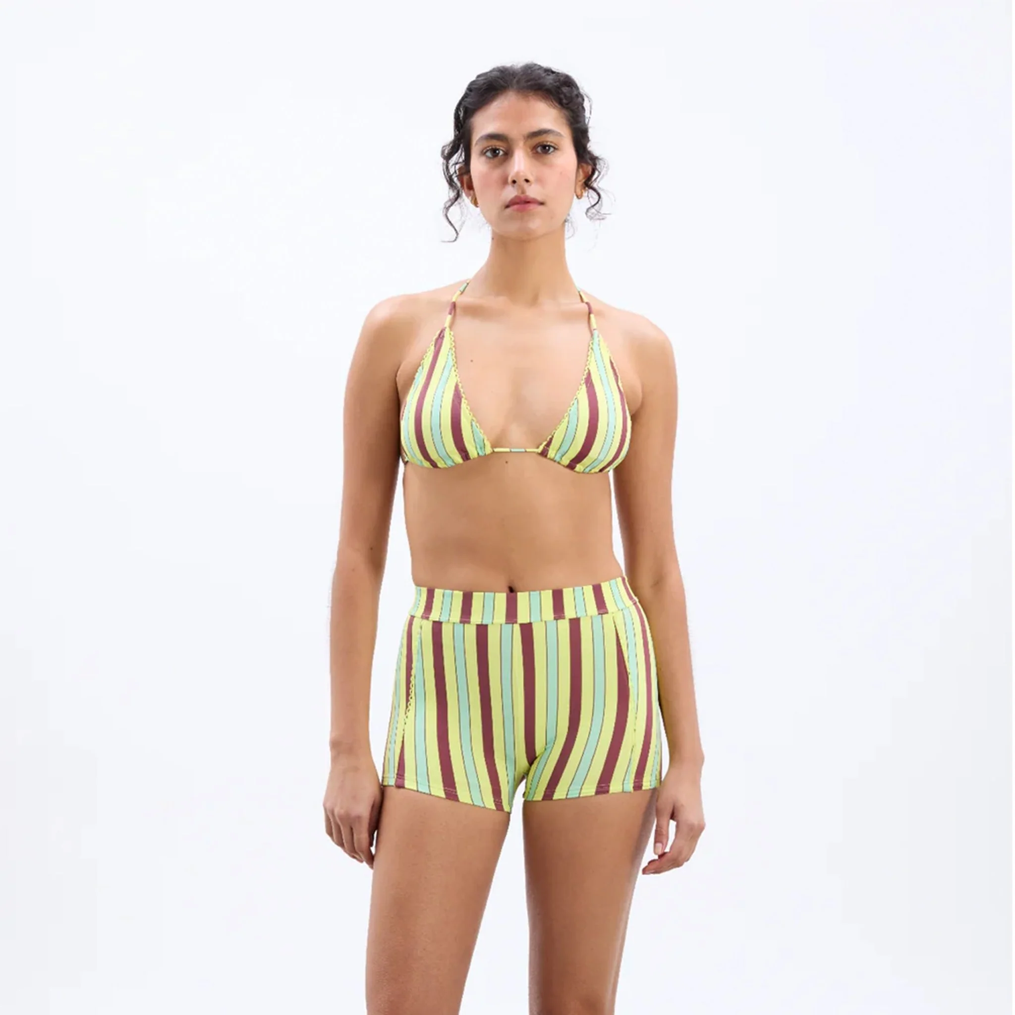 Damson Madder Picot Trim Triangle Bikini Tropical Stripe - Image 4