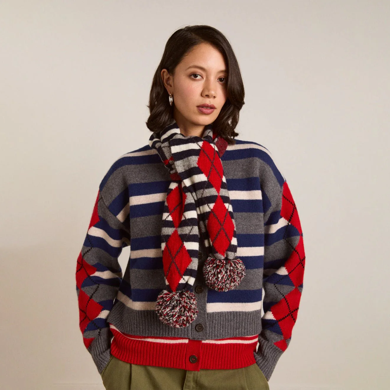 Damson Madder Pom Pom Scarf Argyle Stripe - Image 3