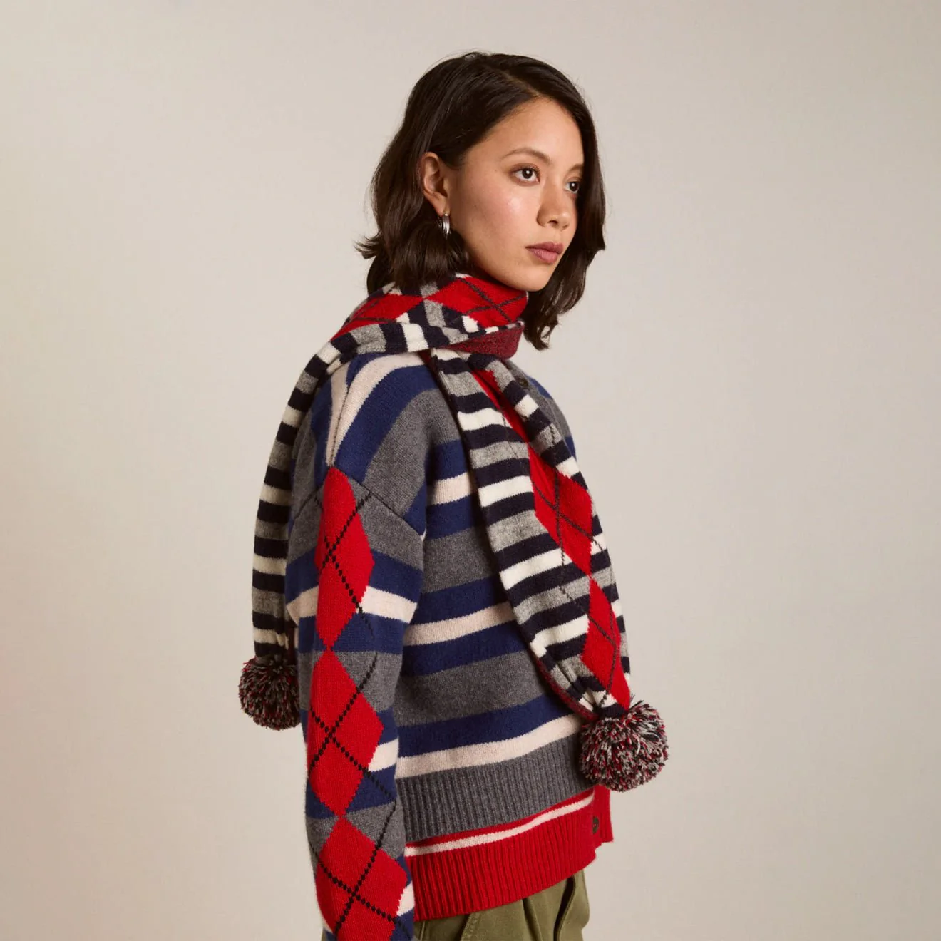 Damson Madder Pom Pom Scarf Argyle Stripe - Image 4