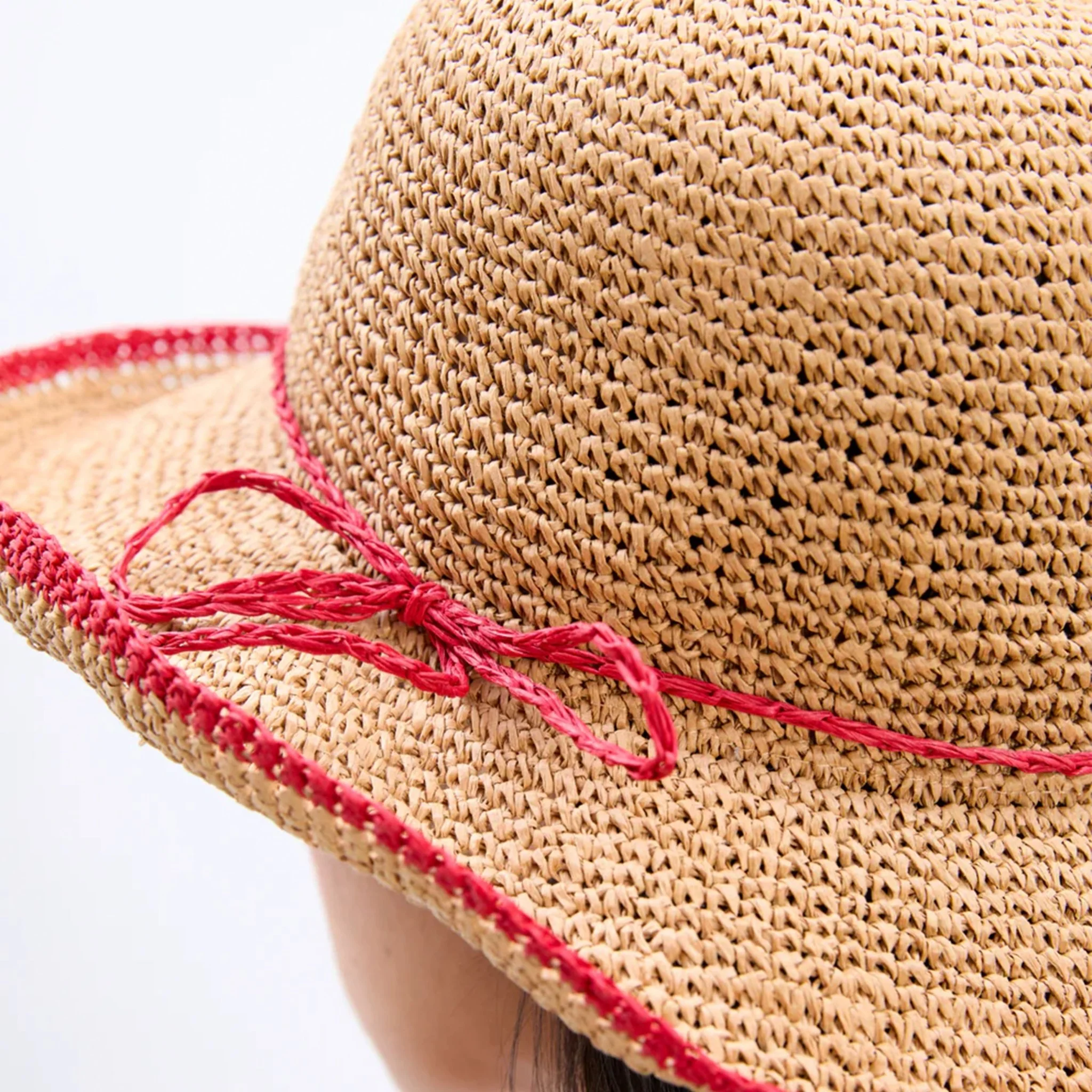 Damson Madder Roll Back Raffia Hat With Red Bow Detail Brown - Image 3