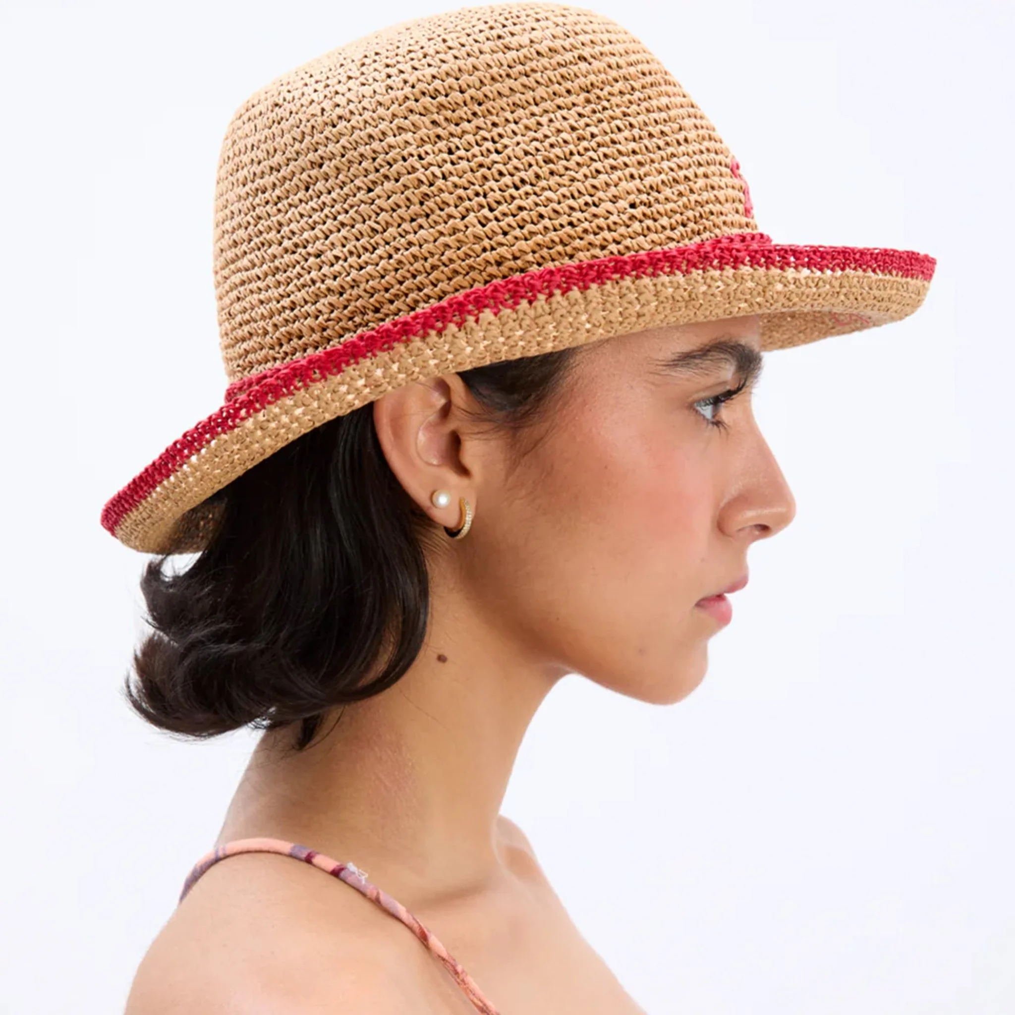 Damson Madder Roll Back Raffia Hat With Red Bow Detail Brown - Image 4