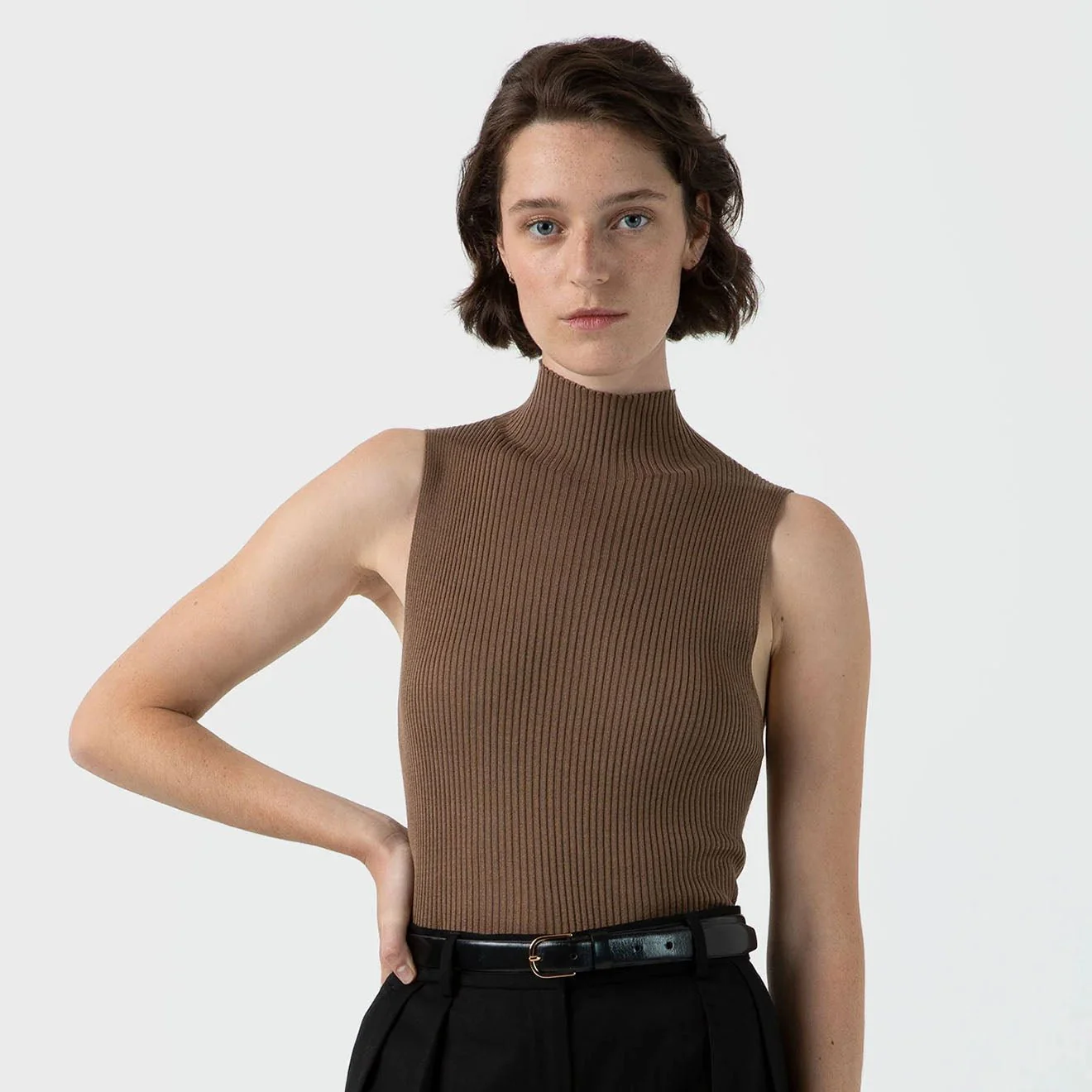 Sunspel Womens Mulberry Silk Rib Vest Jumper Dark Sand - Image 2