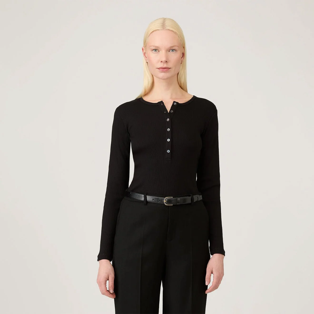 Sunspel Womens Rib L/S Henley Black - Image 2