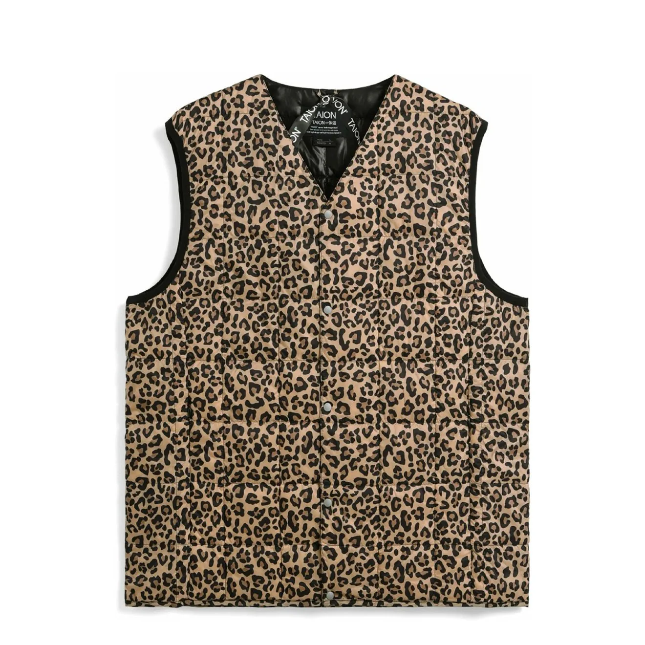 Taion Womens V-Neck Button Down Vest Khaki Leopard